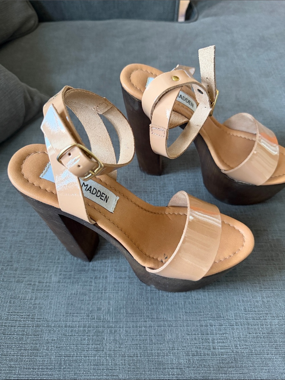 Steve Madden Patent Nude Beige Platform Sandal with Wood Block Heel